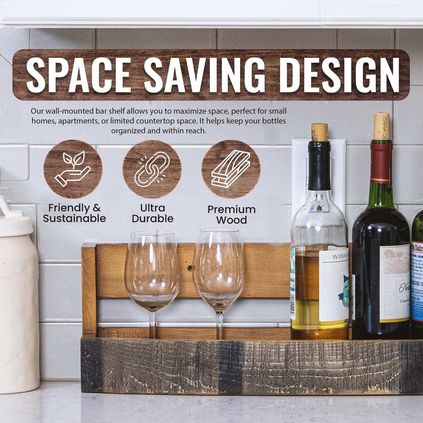 Liquor Bottle Display Shelf – Whiskey Barrel Bar Shelf for Whiskey, Wine & Bourbon – Rustic Wall-Mounted Wooden Shelves, Countertop Rack, Stylish & Space-Saving Small Liquor Cabinet for Enthusiasts