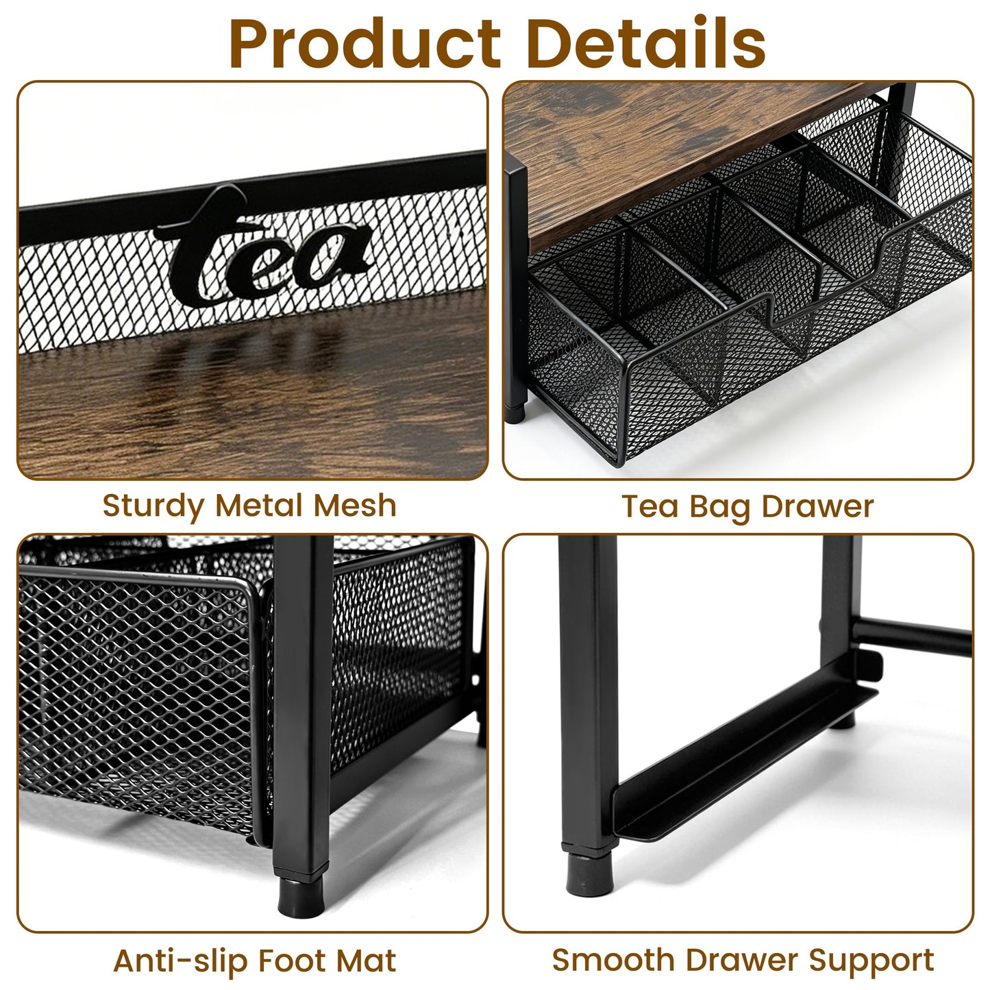 Uniqcovosa 2 Tier Tea Bag Organizer and Storage - 8 Drawer Sliding Tea Box Organizer, Tea Bar Accessories Organizer for Countertop, Bar Station, Kitchen (Rustic Brown)