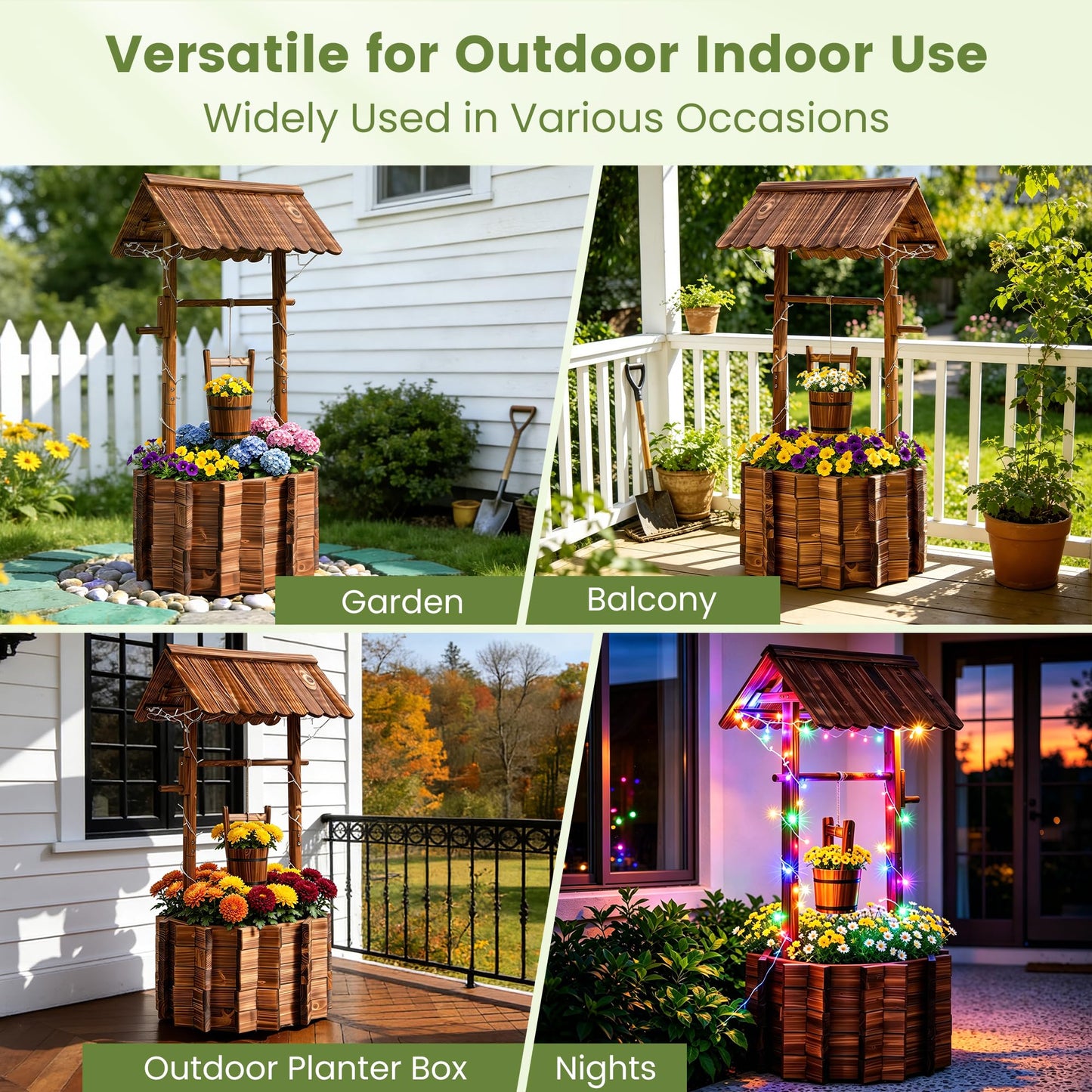 AUTO DAYA 54" Wooden Wishing Well Planter with 11-Mode LED Lights, Timer Settings, Rustic Outdoor Garden Decor with Adjustable Hanging Bucket, Drainage Base & Liner for Patio Yard Backyard