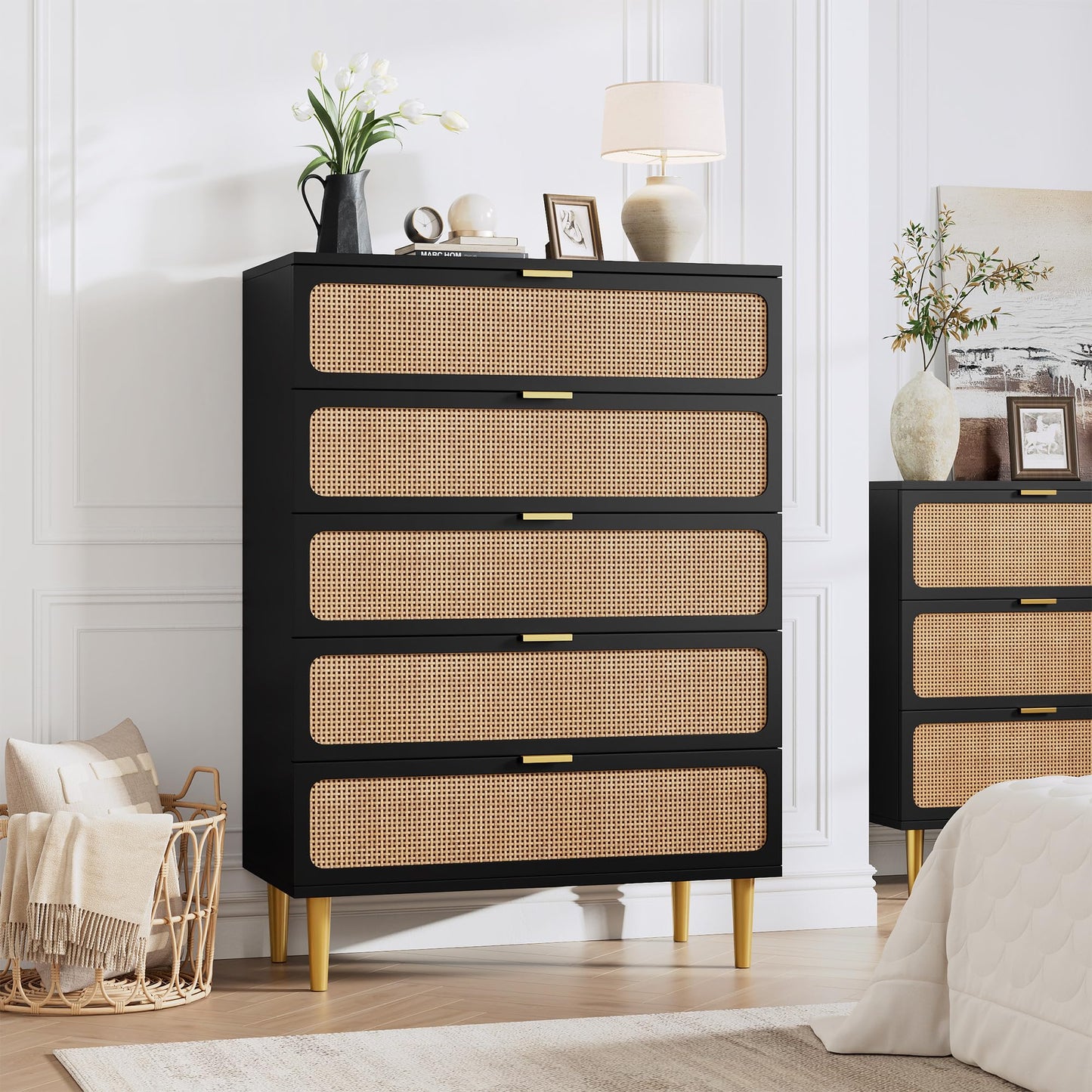 GarveeHome Rattan 5 Drawer Dressers for Bedroom, Tall Dresser with Deep Drawers, Large Chest of Drawers for Closet with Wide Top, Long Wooden Dresser for Living Room, Hallway, Kids Room, Black
