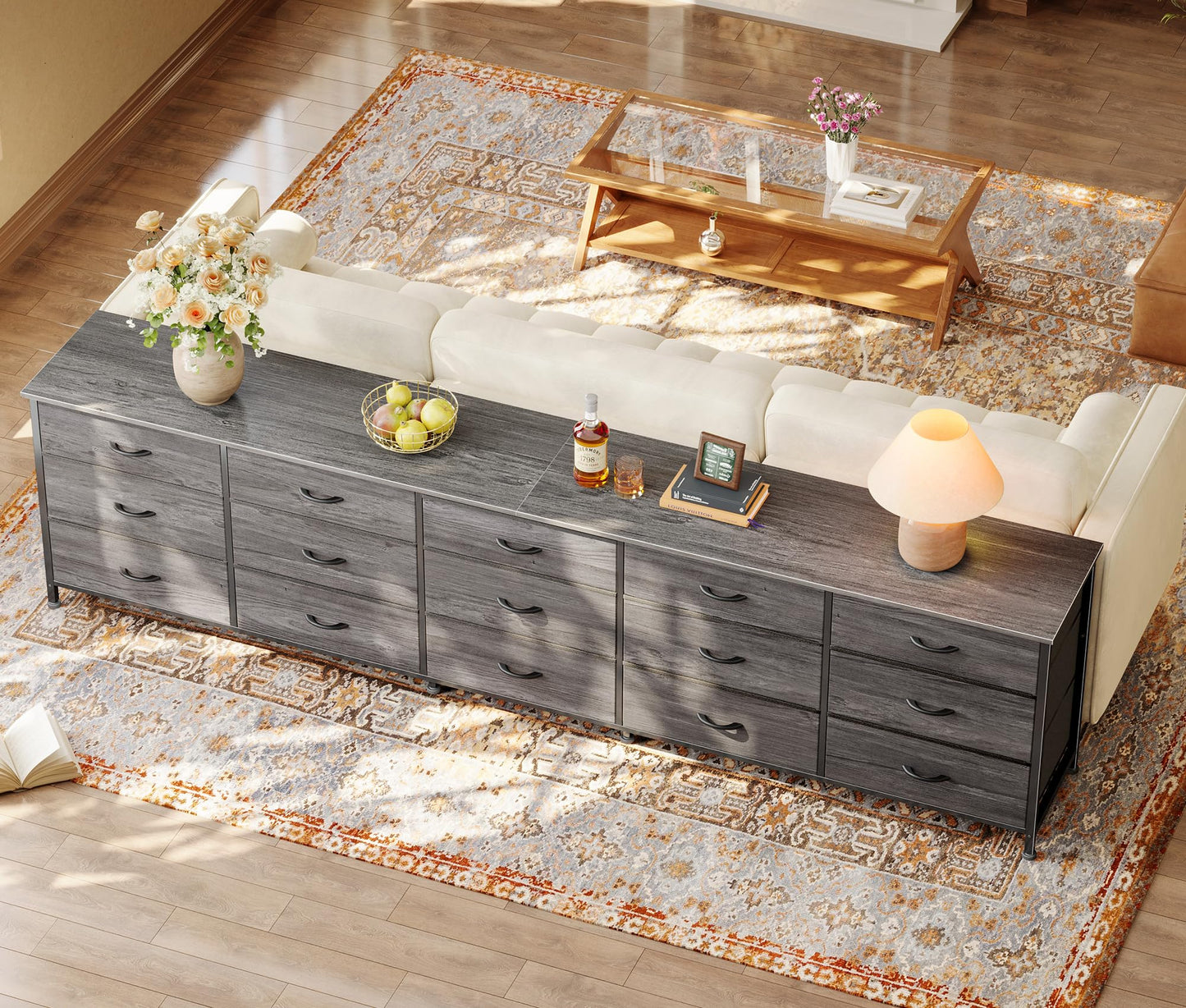 Huuger 86.6 Inch Dresser for Bedroom, TV Stand for 65, 75, 85 Inch TV, 15 Fabric Drawer Long Dresser, Large Entertainment Center for Bedroom, Wide Chest of Drawer with Storage, Grey