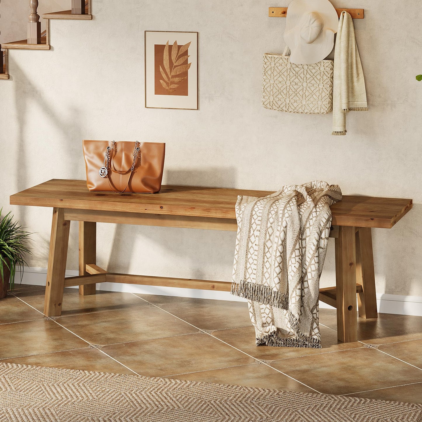 TRIBEWOOD 55" Solid Wood Bench, Farmhouse Long Bench Seat for Entryway, Dining Room, Living Room, Solid Wood, Rustic Brown