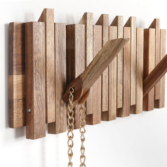 KYIAANY Small Coat Rack for Apartment: 13.2Inch Wood Rustic 8 Hooks Wall Mount Retractable for Narrow Spaces Entryway Bathroom for Hanging Light Items Jacket Towel Dog Leash Bag