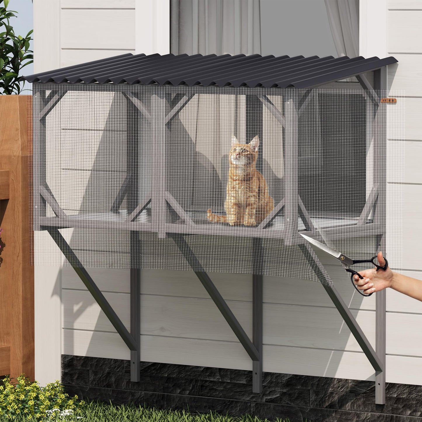 KEIKI Catio Window Perch for Indoor Cats,Large Wooden Outdoor Cat Window Enclosure Box for Cats Sunbathing, Napping, Overlooking,Light Gray