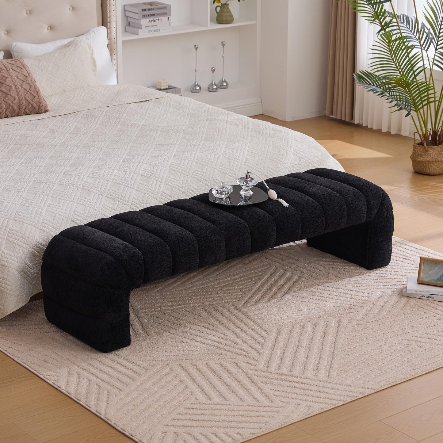 KEIKI 69.7" Modern Upholstered Armless Bed Bench, Channel Tufted Couch Daybed Chaise, Chenille Ottoman Foot Stool, Window Seat for Living Room and Bedroom, Entryway, Black