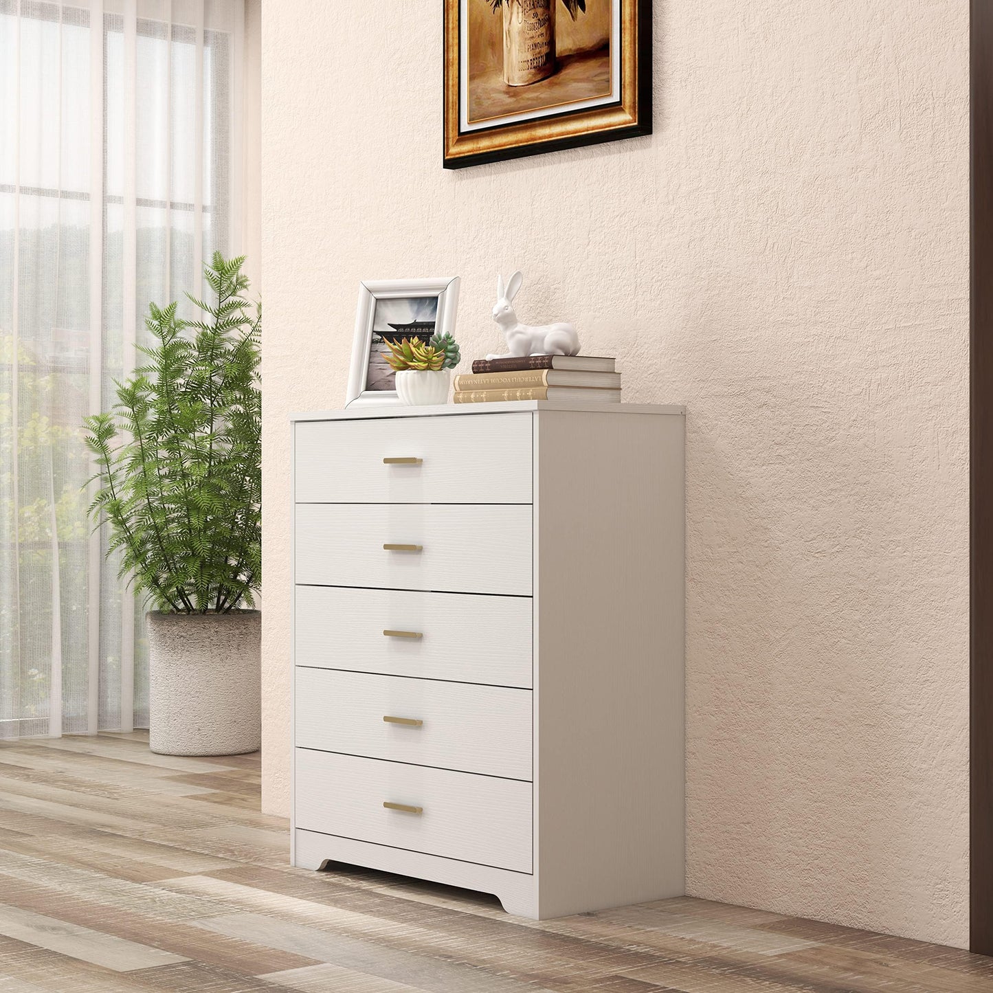 Panana Dresser for Bedroom with 4/5 Drawers, Wooden Chest of Drawers, Storage Organizer Unit Dressers for Bedroom, Living Room, Hallway, Nursery (White, 5 Drawer)