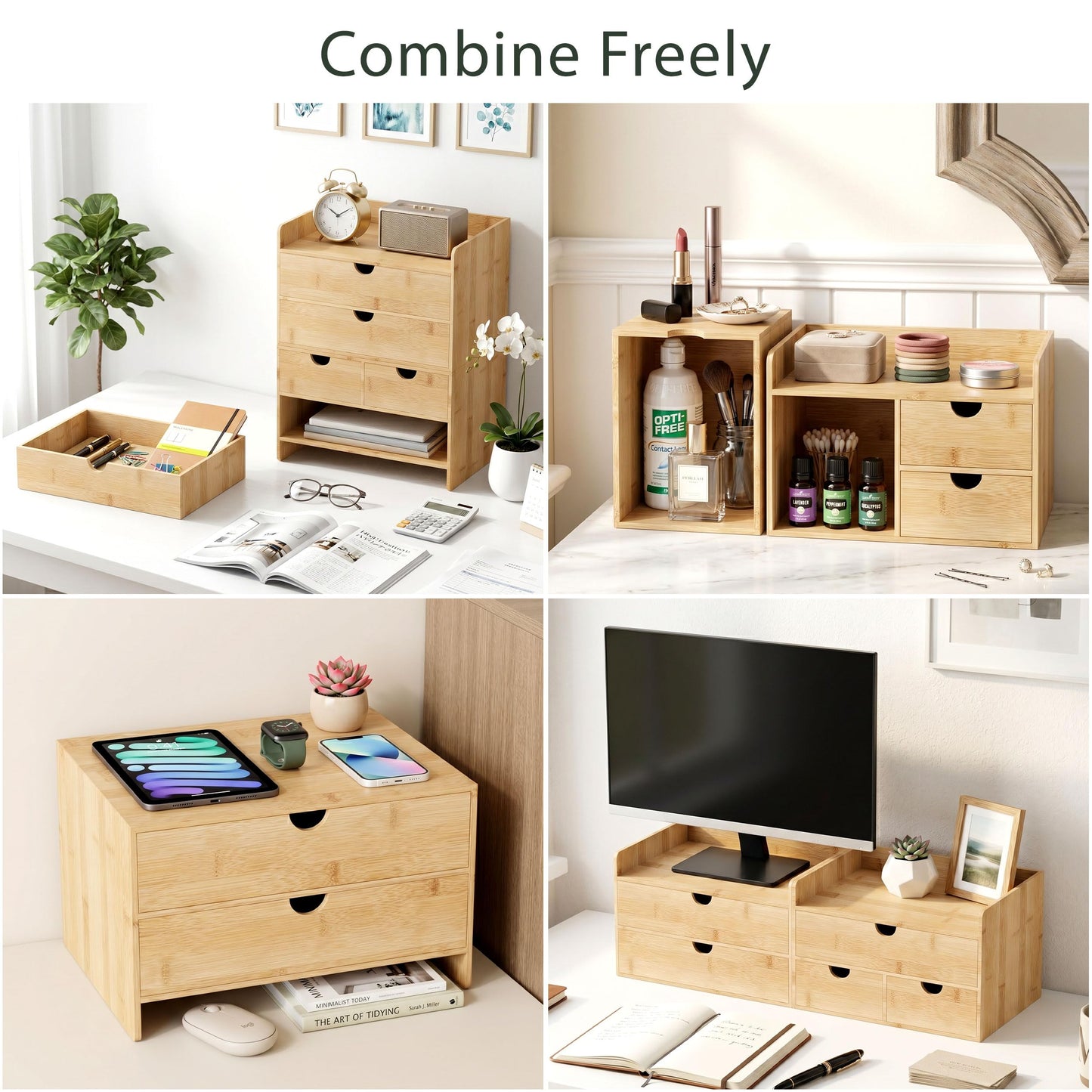 Wisuce Desk Organizer with Drawers - Bamboo Desktop Organizer Storage Natural Wood Desk Drawers Organizer for Bills, Office Supplies, Cosmetics, Seals No Assembly Required 3 Drawers（left-right)