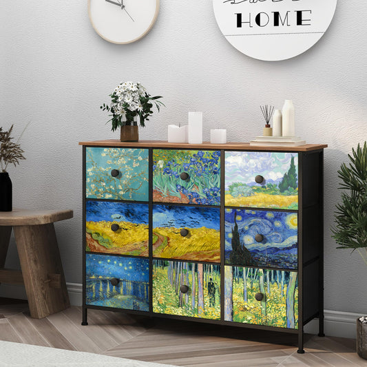 EXOTICA Van Gogh 9 Drawers Dresser Wide TV Stand Colorful Dressers & Chest of Drawers Enterway Furniture for Bedroom Living Room Hallway Closets Steel Frame Wood Top