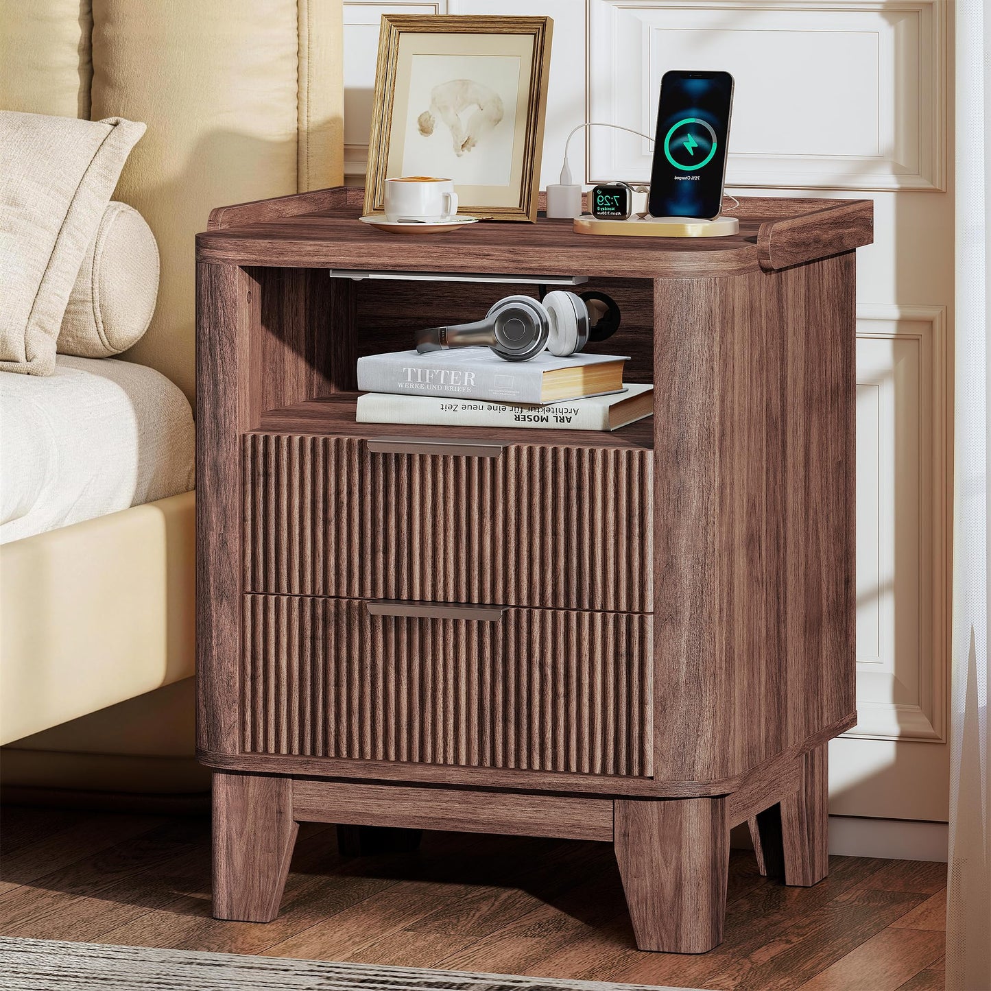 Baoz Walnut Fluted Nightstand with Charging Station & 2 Wooden Drawers