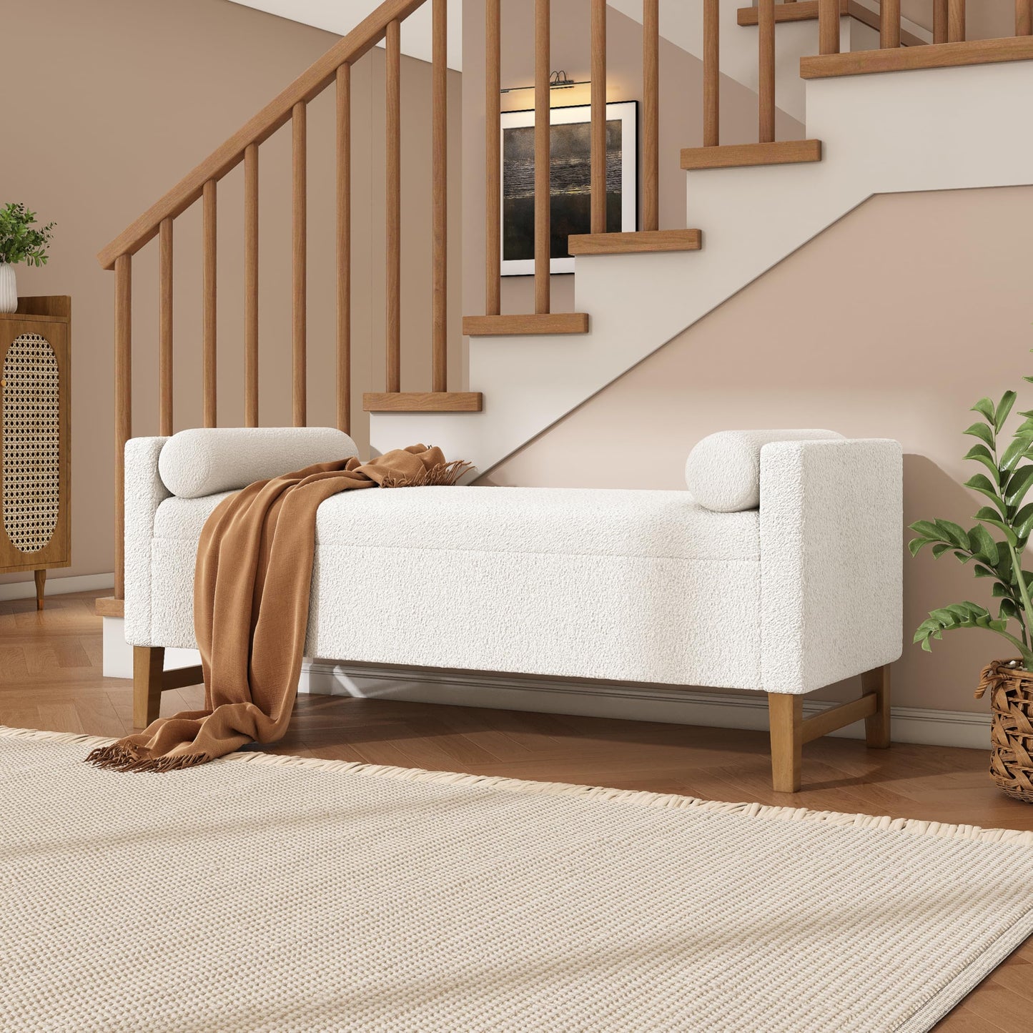 Christopher Knight Home Namo Boucle Upholstered Ottoman with Storage, Wooden Storage Ottoman Bench with Pillows, Long Entryway Ottoman Foot Rest, Bedroom End of Bed Foot Stools Ottoman, Natural+Ivory