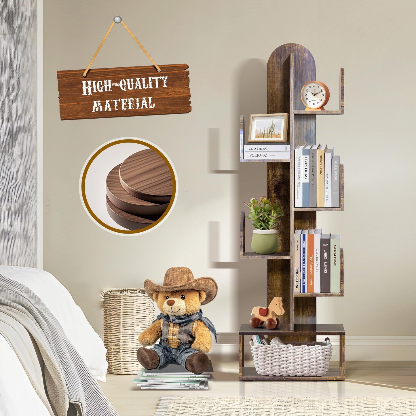 DOZILY Cactus Tree Bookshelf, 5-Tier Wood 50" Tall Corner Storage Rack for CDs/Movies/Books, Small Space-Saving Organizer Shelves for Living Room, Bedroom, Home Office (Rustic Brown)