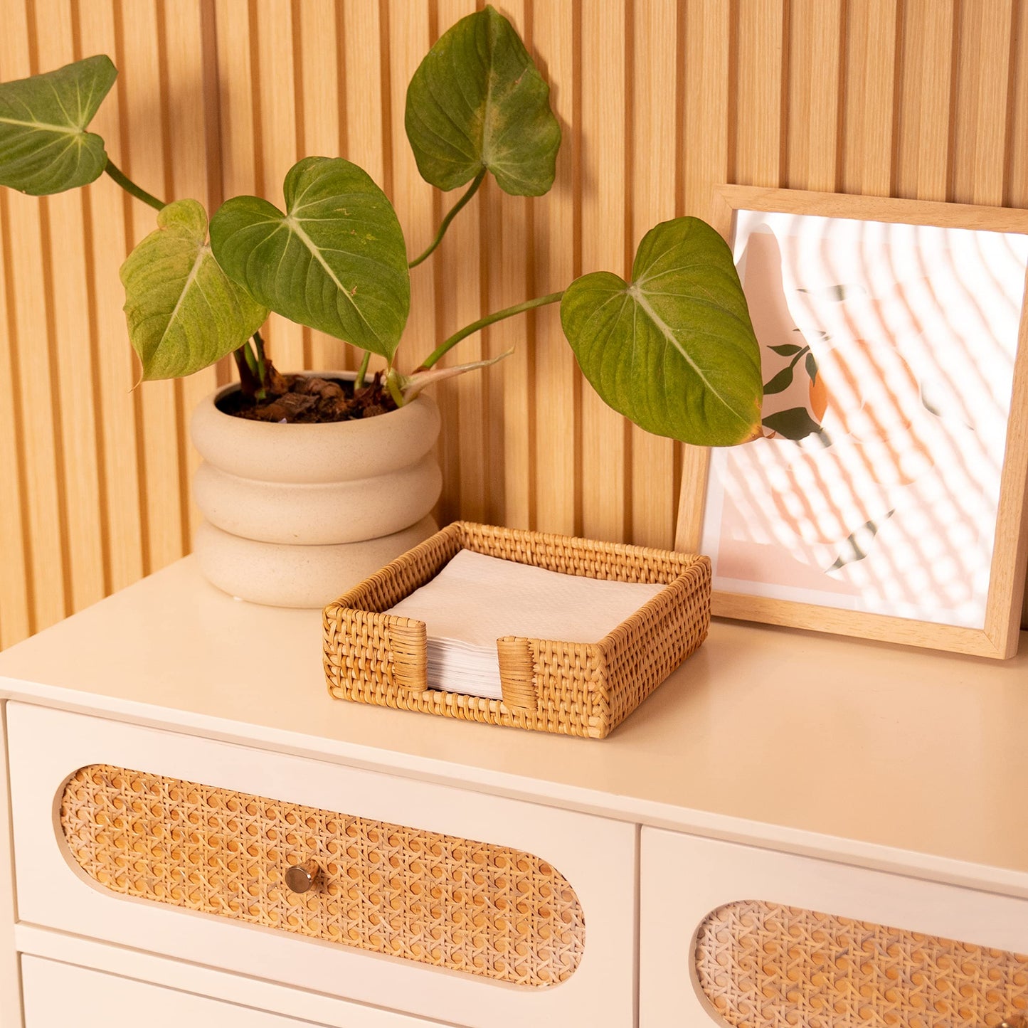 Rattan Napkin Holder Square, Napkin Holders for Paper Napkins, 7.5" x 7.5" x 2.5", Wicker Napkin Tray, Woven Guest Towel Holder for Restaurant/Kitchen/Bathroom Napkin Holder for Table