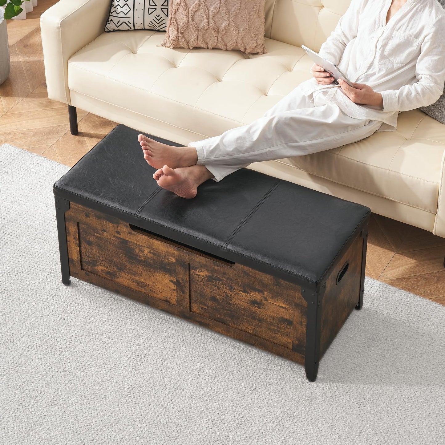 IDEALHOUSE Storage Bench, 39.4" Retro Wooden Storage Chest with 2 Safety Hinges, Loads 300 lb, Easy Assembly, Storage Ottoman Bench for Bedroom Entryway Living Room, Rustic Brown