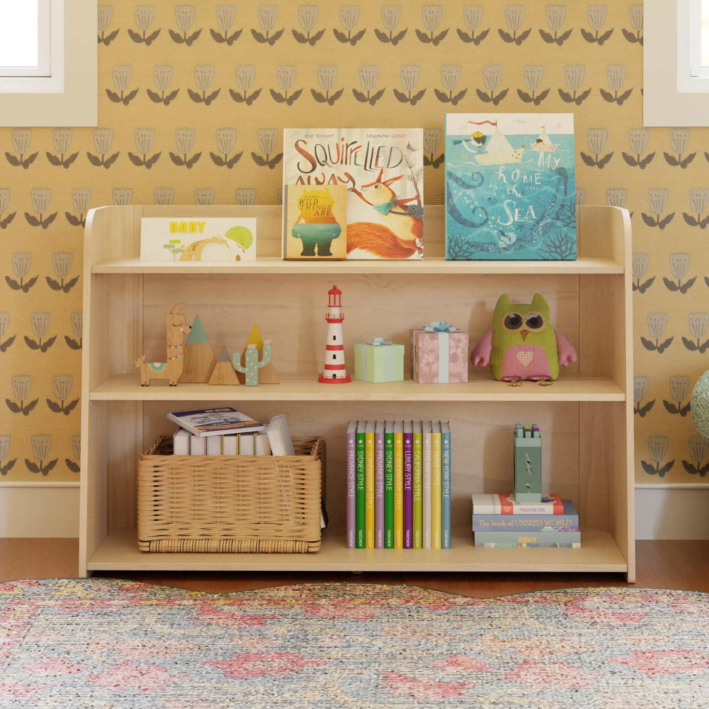 Babyletto Melo Montessori 3 Shelf Bookcase, GREENGUARD Gold Wood Bookshelf - Easy Assembly Book Case w/Wide Storage Shelves, Modern Wooden Book Shelf for Living Room, Bedroom, Office, Washed Natural