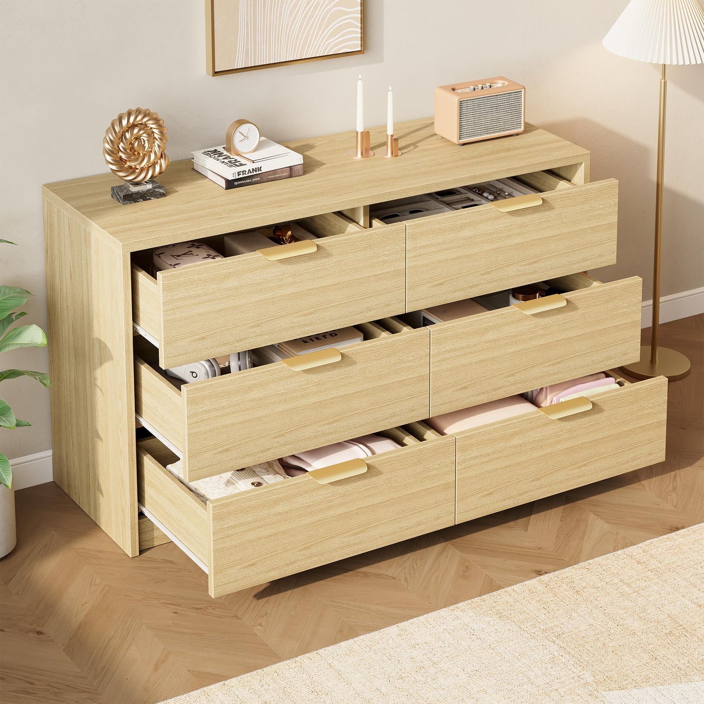 MapleGrace 53" Wide 6 Drawer Dresser for Bedroom, Modern Simple Wood Dresser Chest of Drawers Closet Store Organizer for Living Room, Hallway (Light Oak, 5.4" D x 53.1" W x 30.9" H (6 Drawers))