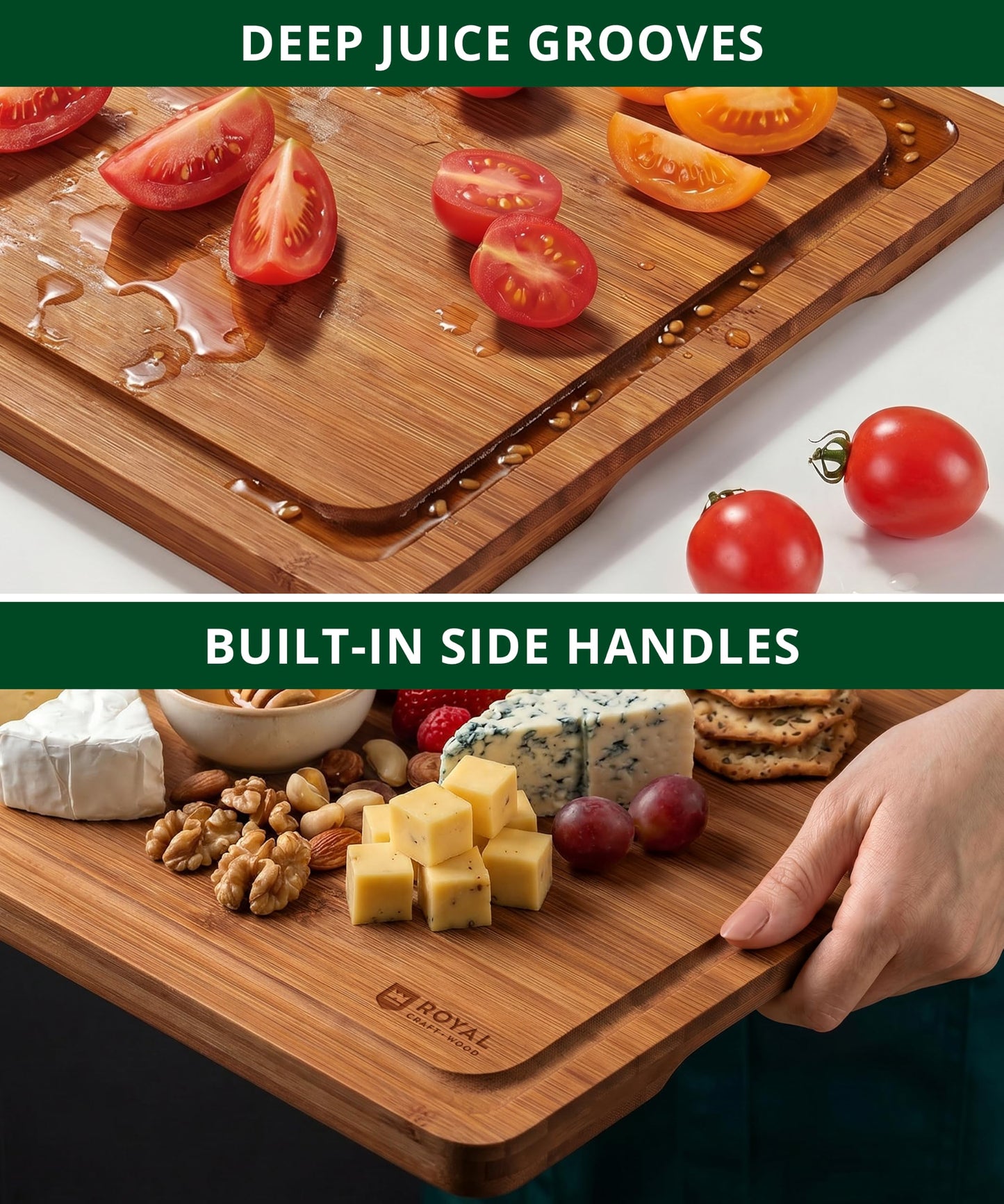 ROYAL CRAFT WOOD Wooden Cutting Boards for Kitchen Meal Prep & Serving - Bamboo Non Toxic Cutting Board Set with Deep Juice Groove Side Handles - Charcuterie & Chopping Butcher Block for Meat (3 Pcs)