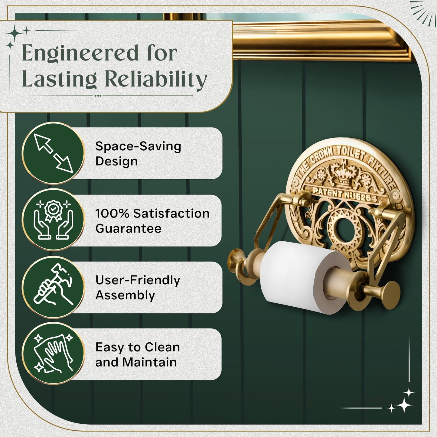 Bright Brass Wall Mount Toilet Paper Holder 7.25" Wide Vintage Crown Style Solid Brass Easy Install Toilet Tissue Paper Holders with Wooden Roll for Bathroom | Renovators Supply Manufacturing