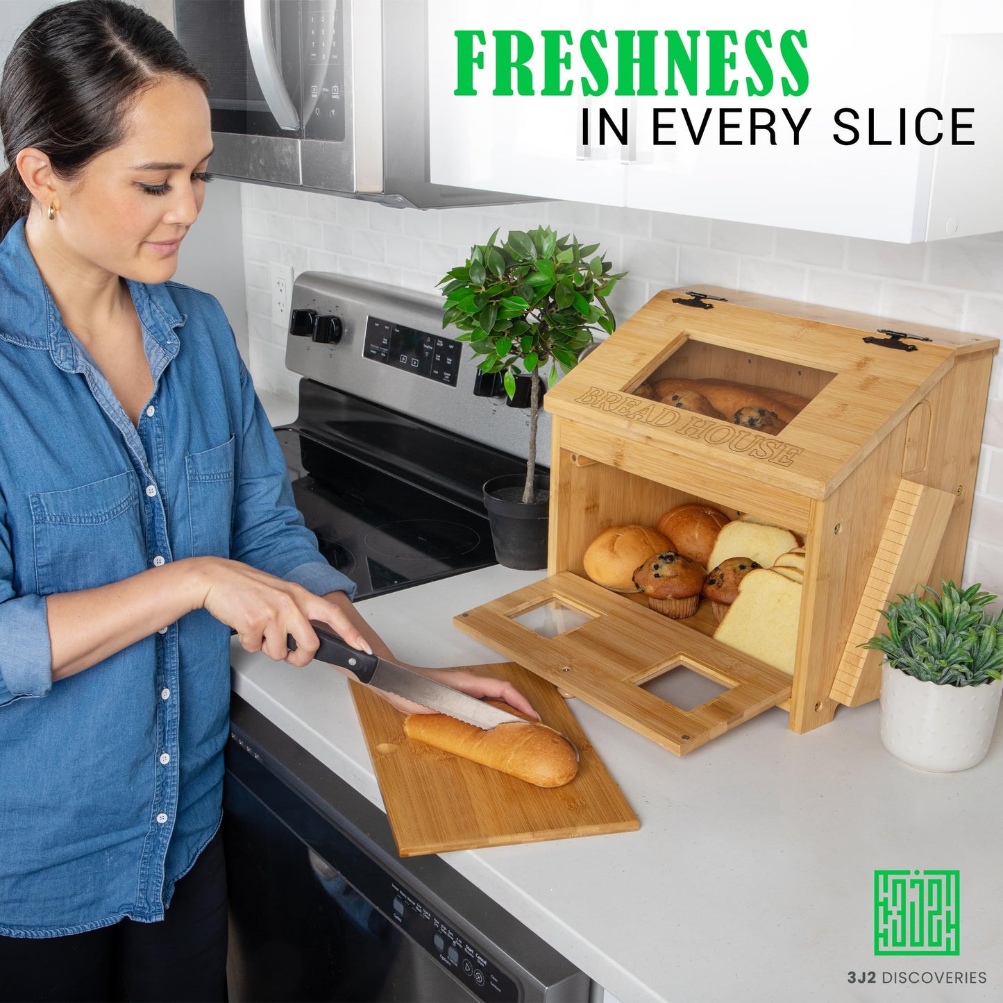 3J2 Discoveries Bread Box for Kitchen Countertop – Large Wooden Bamboo Bread Box with Cutting Board (SELF-ASSEMBLY)
