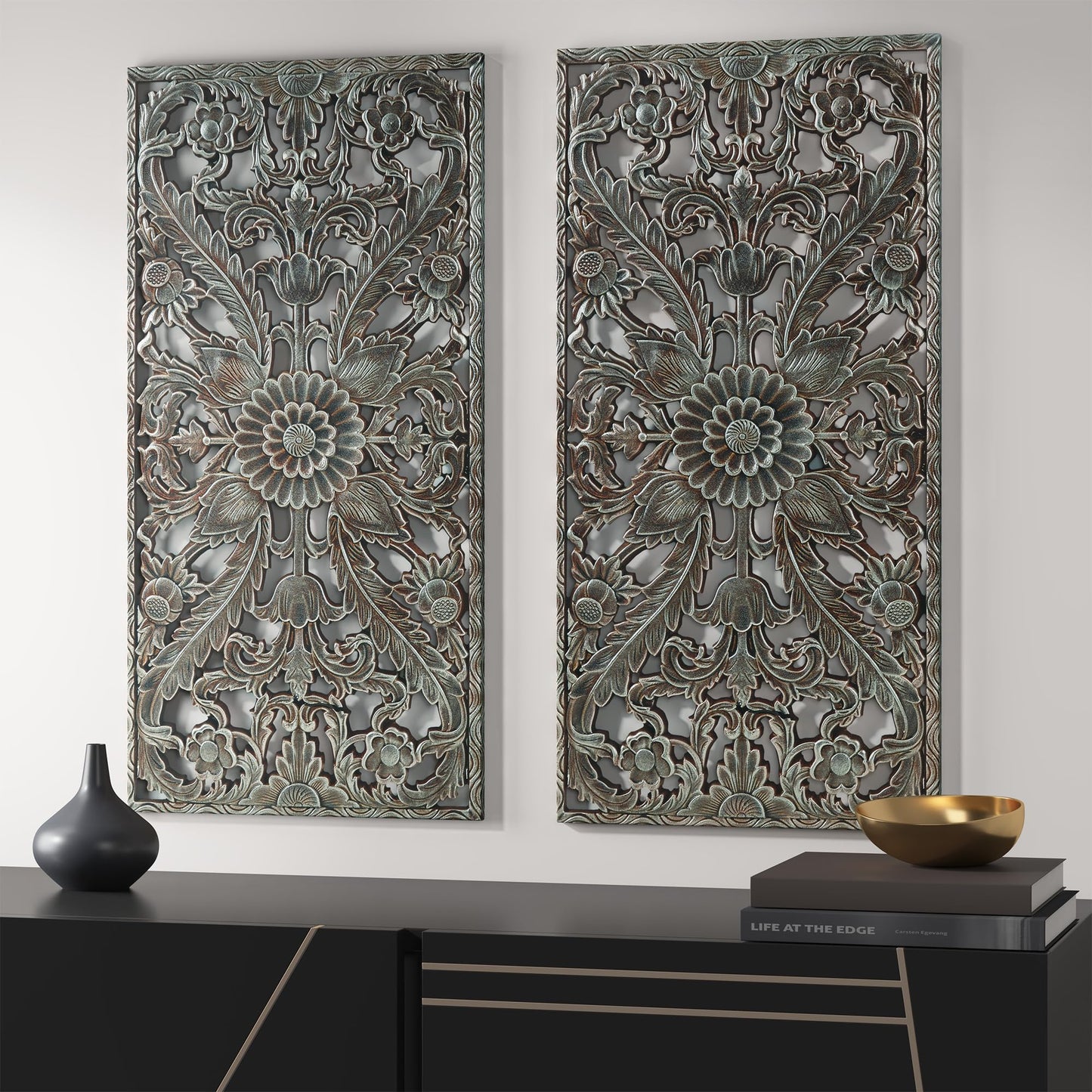Madison Park Carved Wood Wall Art 2 Piece, Floral Wooden Carving Wall Decor, Blue Wall Art Living Room Bedroom, Copper Embellished Boho, Ready to Hang, 15.75"W x 31.5"L, Patina Blue