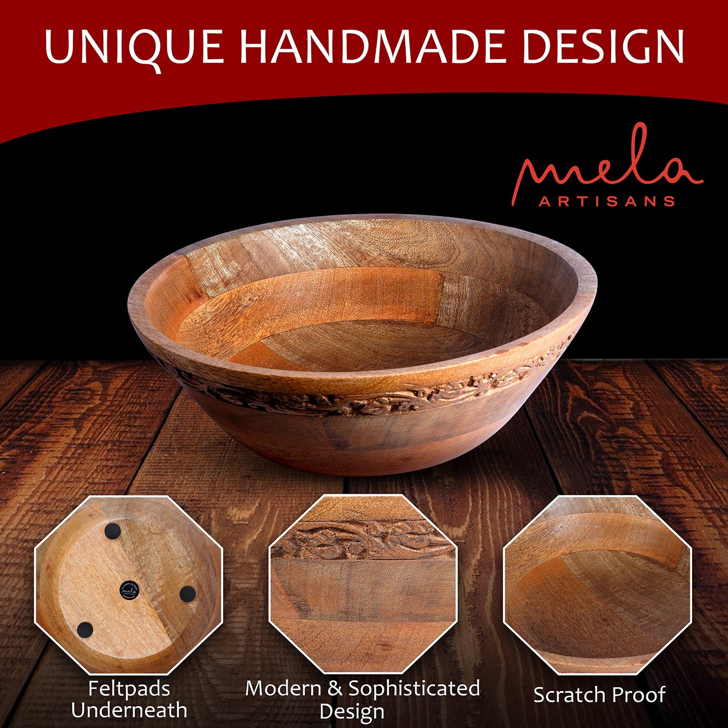 Mela Artisans 12” Mango Wood Bowl – Jasmine Medium Burnt Finish – Handcrafted Wooden Fruit Bowl for Kitchen Counter & Table Display
