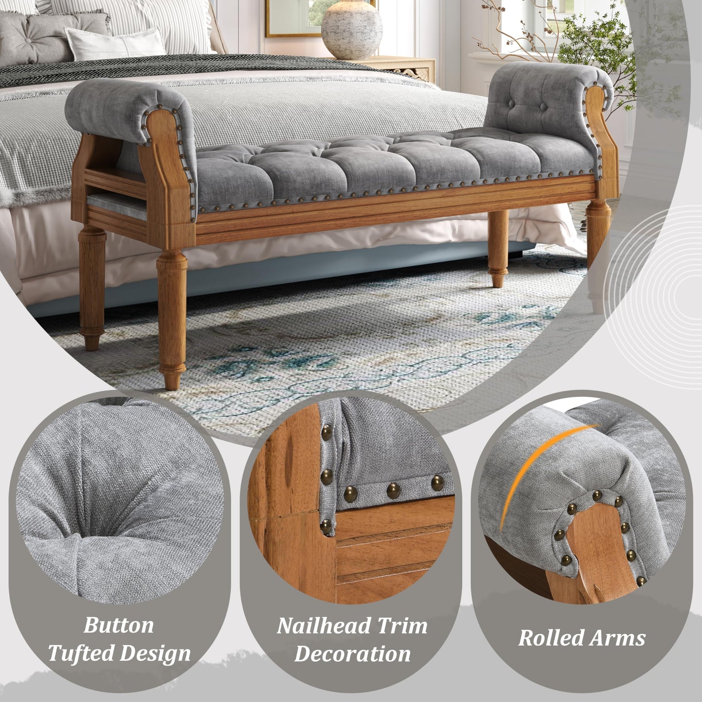 Christopher Knight Home Yordle Button-Tufted Linen Upholstered End of Bed Ottoman, Wooden Living Room Ottoman Bench with Nailhead Trim, Long Entryway Bench with Rolled Arms, Gray + Brown