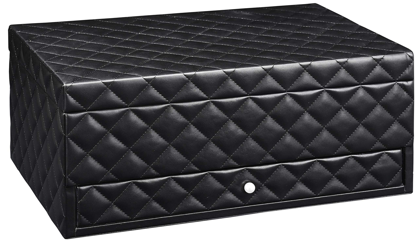 SANSREPONSE Wooden Extra Large Jewelry Box Organizer Luxurious Faux-Leather with Drawer Trays Mirror Earrings Necklace Ring Rests for Women(Black)