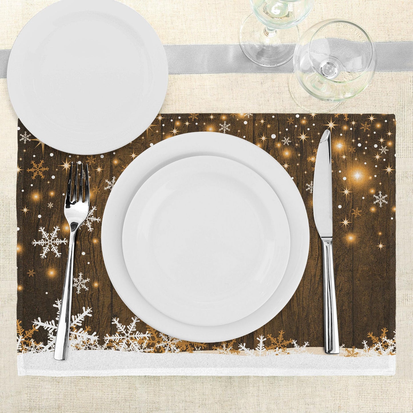 Ambesonne Christmas Place Mats Set of 8, Rustic Wooden Backdrop Snowflakes and Warm Traditional Celebration Print, Washable Fabric Placemats for Dining Table, Placemat 8 pcs, White and Brown