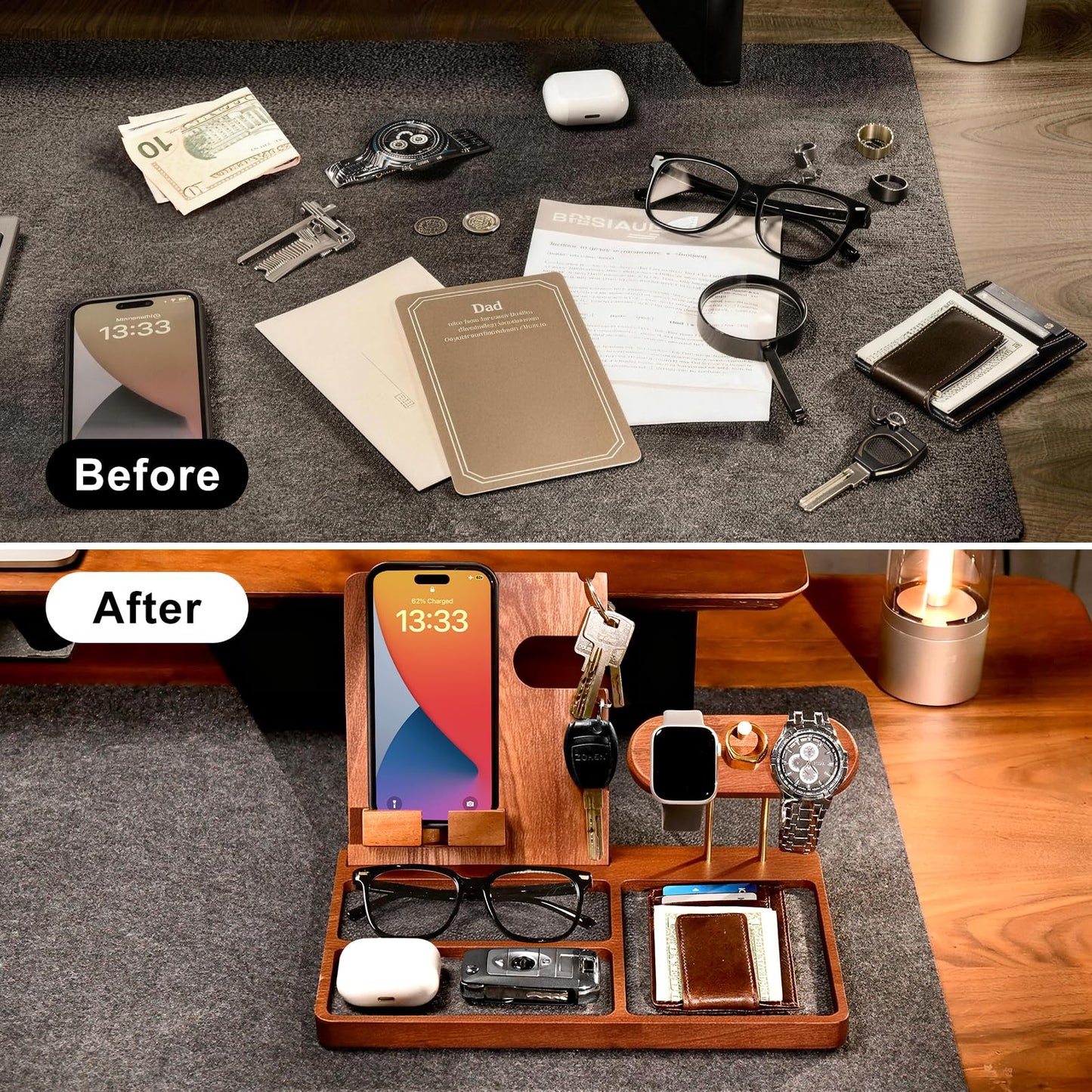 IKIKAKI Wood Nightstand Organizer for Men, Fathers Day Gift for Dad Husband, Birthday Anniversary Retirement Idea, Desk & Bedside EDC Tray for Key Wallet Watch