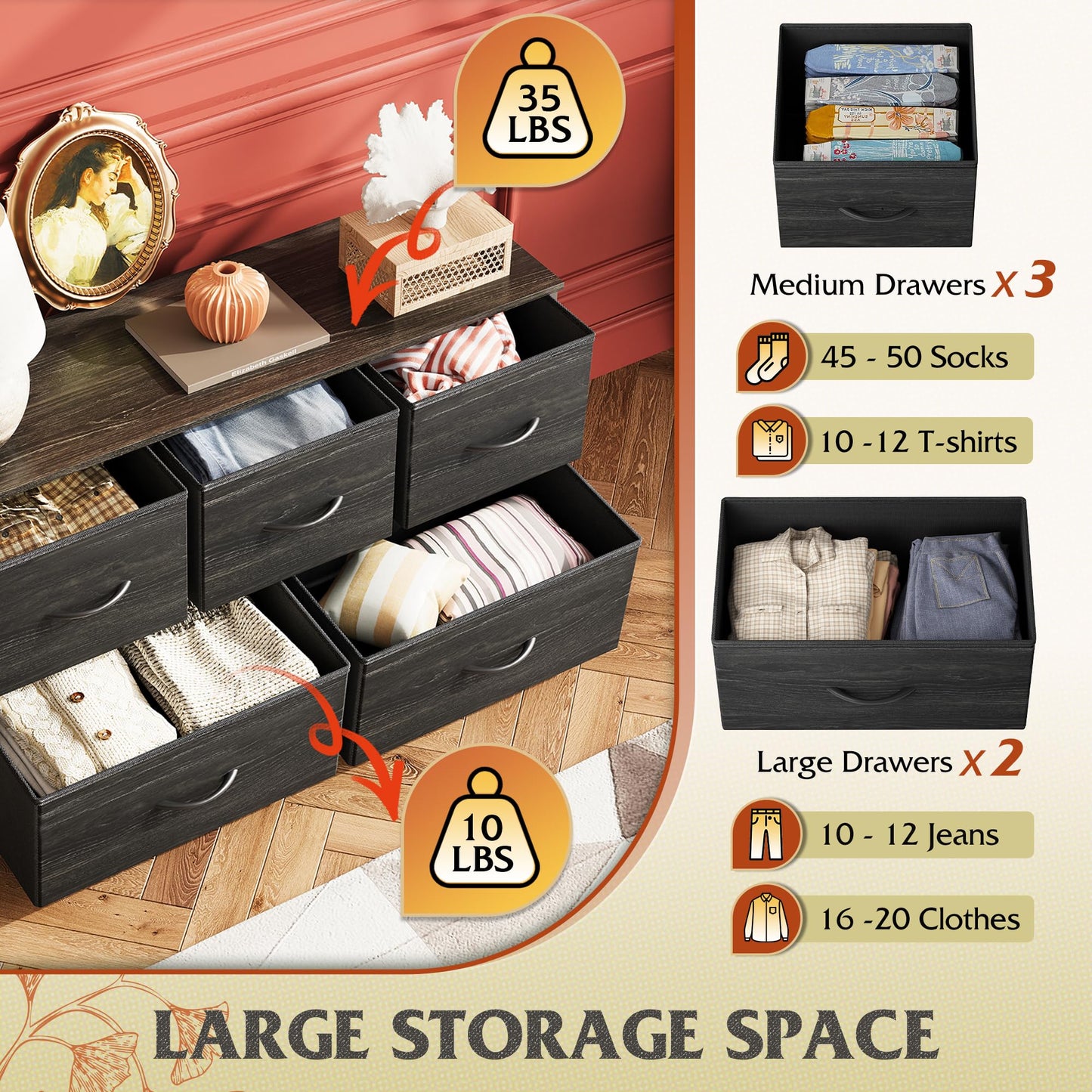 WLIVE Dresser for Bedroom with 5 Drawers, Wide Chest of Drawers, Fabric Dresser, Storage Organizer Unit with Fabric Bins for Closet, Living Room, Hallway, Charcoal Black Wood Grain Print