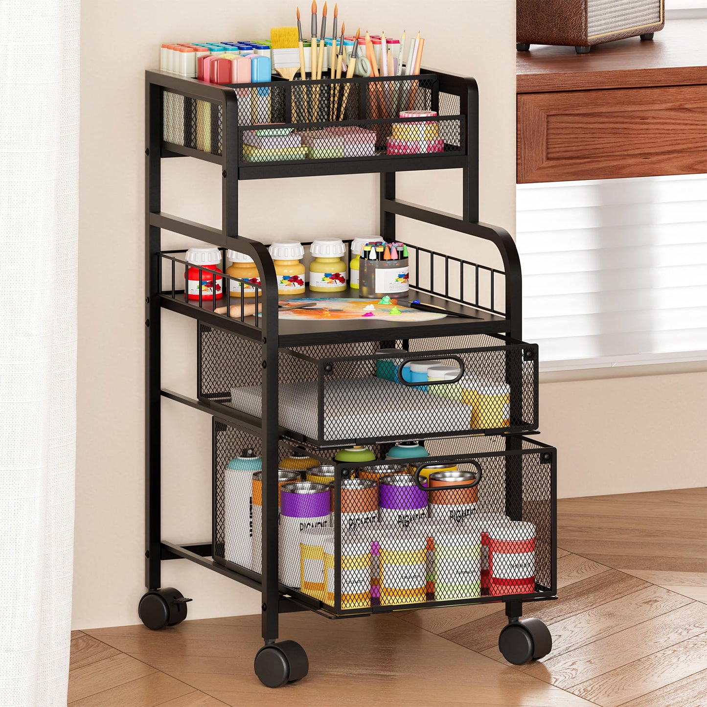 SWTYMIKI Rolling Cart with Drawers - Metal Craft Cart with Wheels, DIY Divider and Wood Shelf, Art Supply Organizer for Under Desk Storage, Utility Storage Cart for Home Office Studio, Black