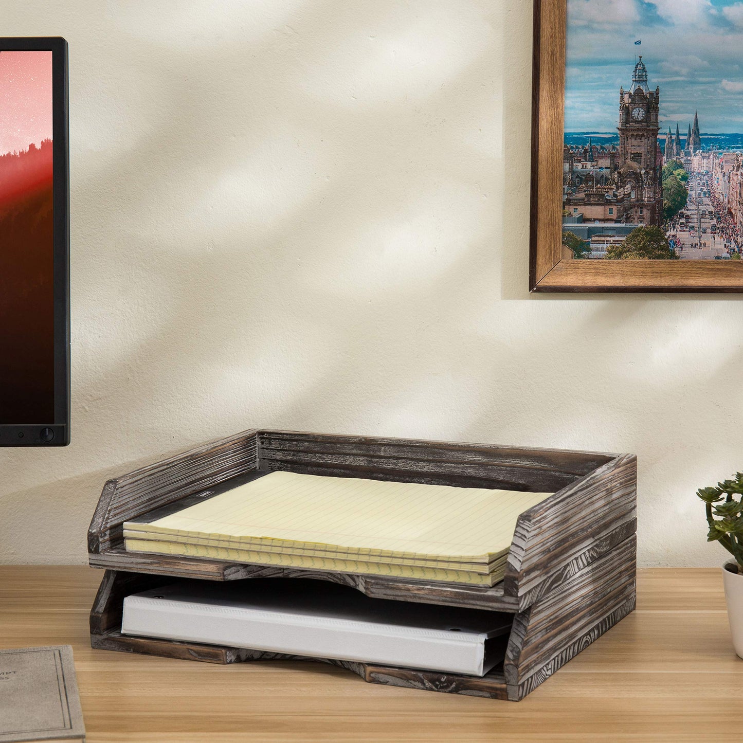MyGift Set of 2 Torched Wood Stacking Desk Paper Tray, Office Desktop Stackable Document File Folder and Mail Holder Organizer Tray