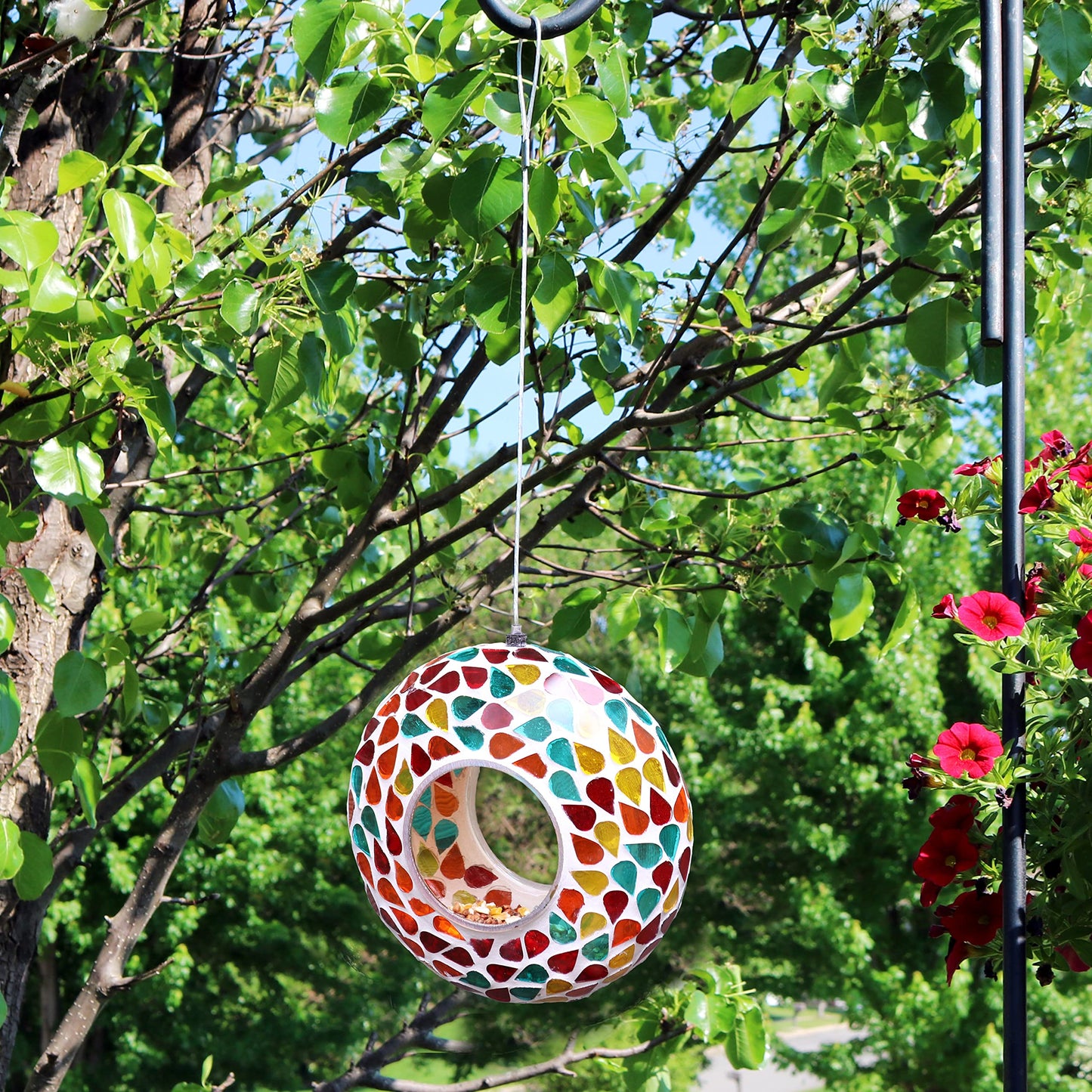 Sunnydaze 6-Inch Glass Mosaic Hanging Bird Feeder for Outdoors - Fly-Through Glass Bird Feeder for Cardinals, Jays, Finches and More - Confetti Mosaic