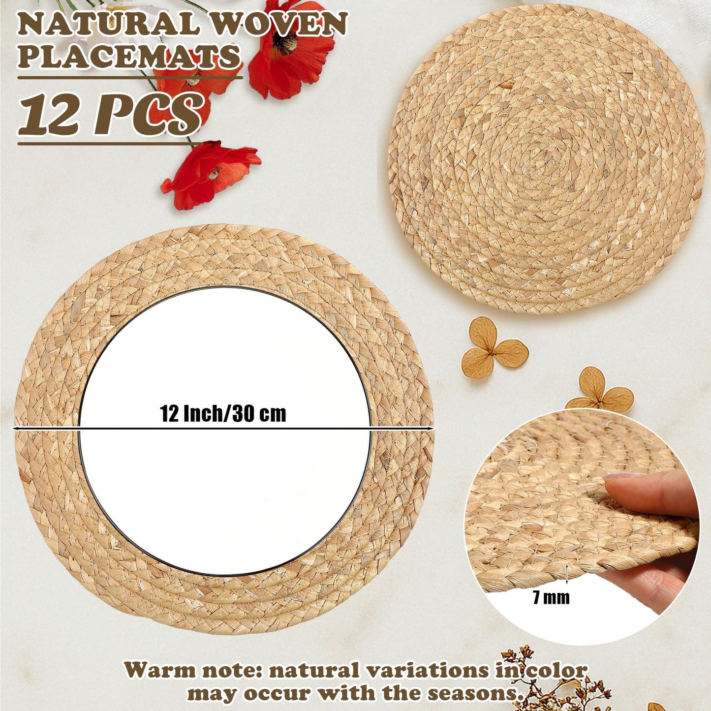 Kochorie Set of 12 Round Woven Placemats 12-Inch Natural Water Hyacinth Plant Placemats Hand-Woven Boho Rattan Placemat Wicker Weave Table Mats for Home Dinner Plates Holiday Supplies