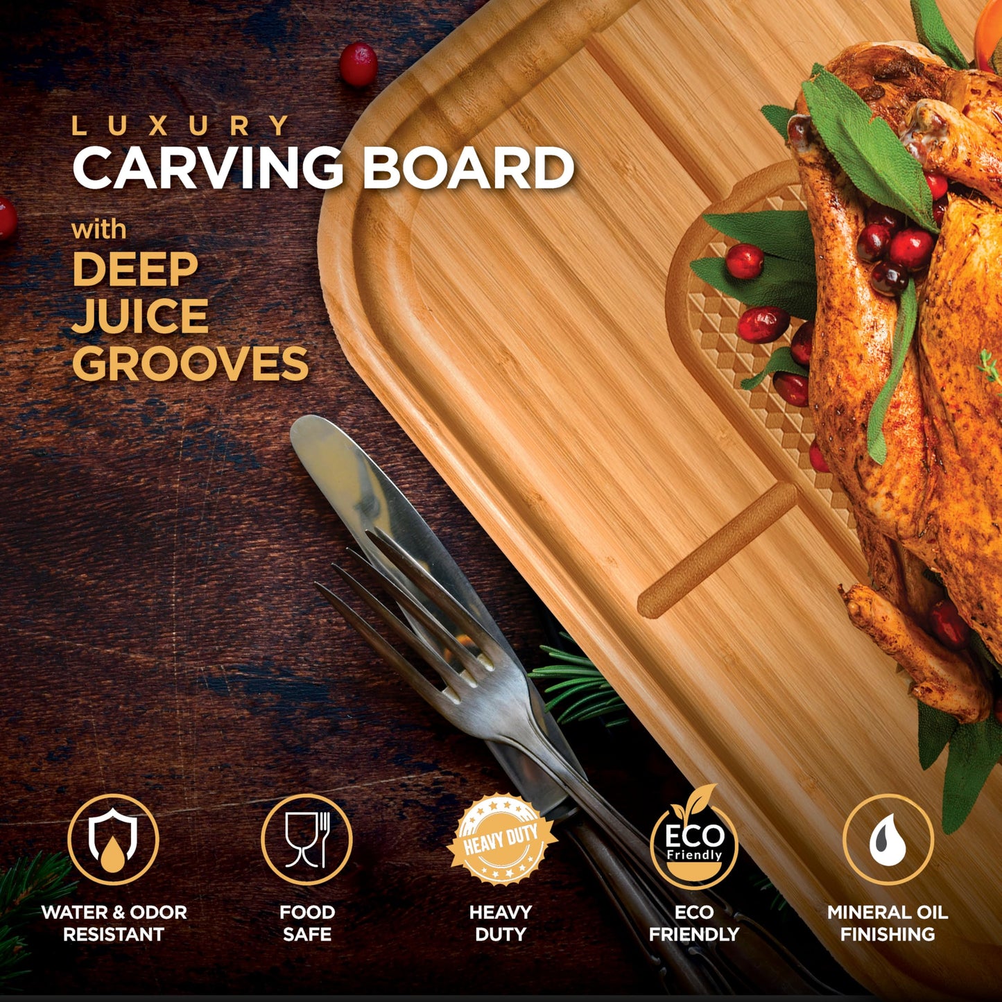Meat Cutting Board - Extra Large Bamboo Carving Board, 18 x 13 Thick Butcher Block with Deep Juice Groove, Non Slip Center, Reversible Board for Steak, Brisket, Turkey, BBQ Prep Grilling Gifts for Men