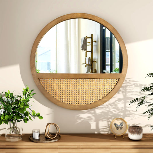 THKSHOUZ 24 Inch Rattan Round Mirror, Vintage Hand-Woven Wooden Framed Wall Mirror for Living Room, Bedroom, Bathroom, Entryway Decor, Natural Hanging Decorative Mirrors for Indoor Wall Art
