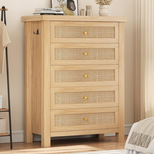Natural Rattan Dresser for Bedroom with 5 Drawers, Wood Boho Chest of Drawers with Gold Metal Handle, Matte Top Bedroom Tall Dresser with Large Drawers for Living Room, Closet, Hallway, (Nartual)