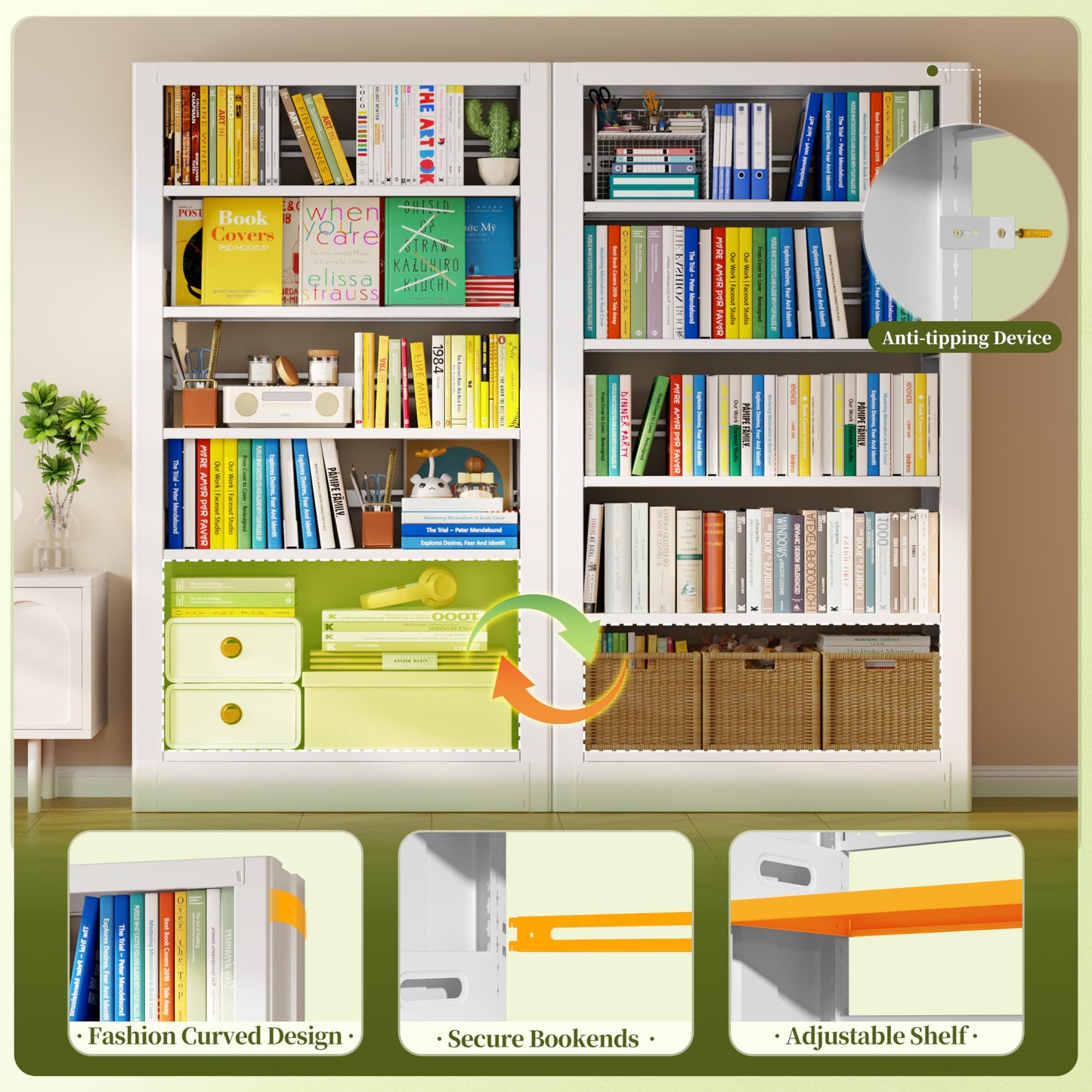 OpolQif Bookshelf, 71" H Tall White Bookcase, 5-Tier Bookcase Metal Sturdy Bookshelf with Adjustable Shelves,Heavy Duty Book Cases for Living Room, Library, School, Study, Home Office