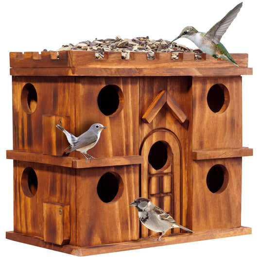 MIXUMON Wooden Bird Houses for Outside – 9 Rooms Large Bird House, Carbonized Pine Rustic Finish, 1.5" Entrance Holes, Cleaning Doors, Outdoor Birdhouse Nesting Box (Rustic, 9 Rooms)