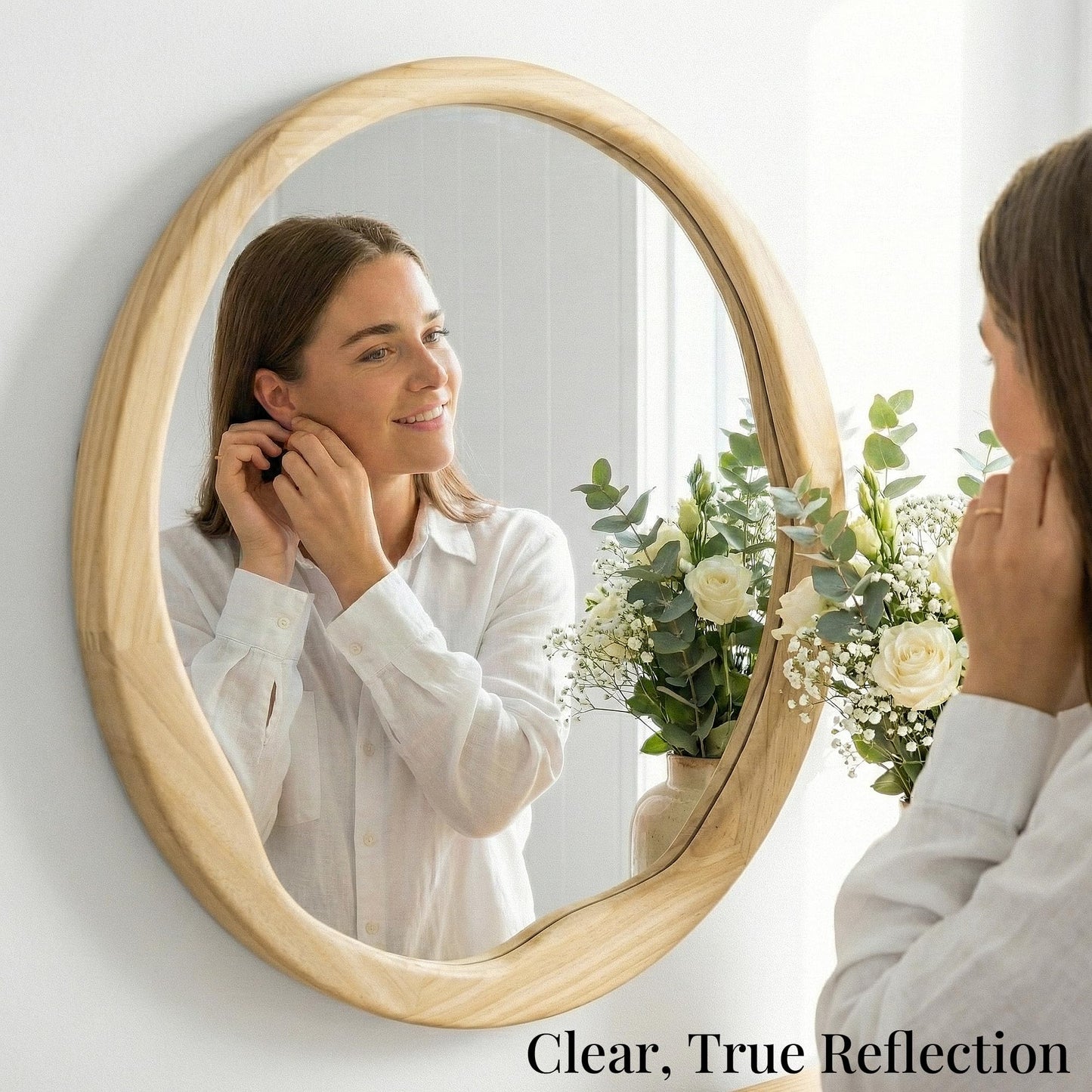 Pocetry Natural Wood Round Mirror 24 Inch, Solid Wood Framed Wall Mirror with Irregular Wavy Inner Edge for Bathroom Vanity, Bedroom & Boho Decor