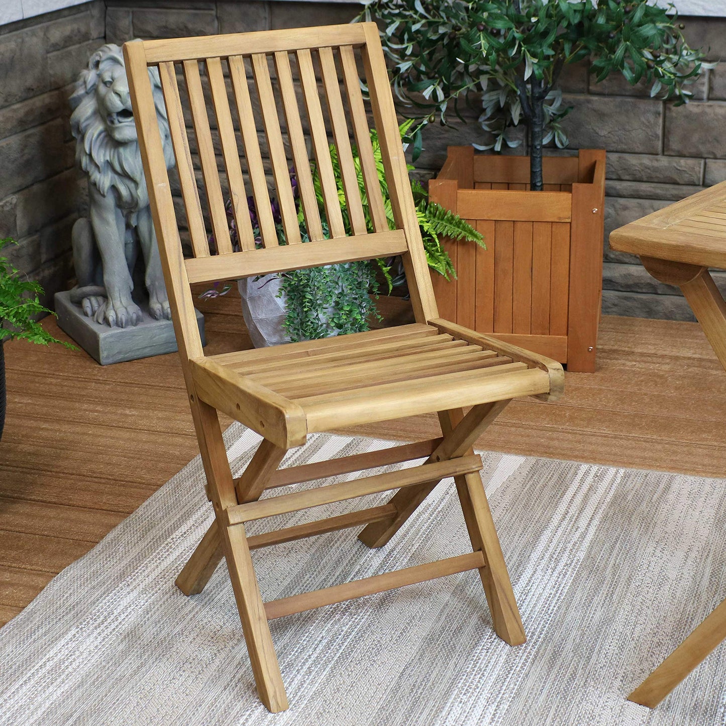 Sunnydaze Foldable Teak Wood Outdoor Chairs – Folding Patio Chair Set of 2 for Deck or Balcony – Wooden Teak Furniture with Light Finish