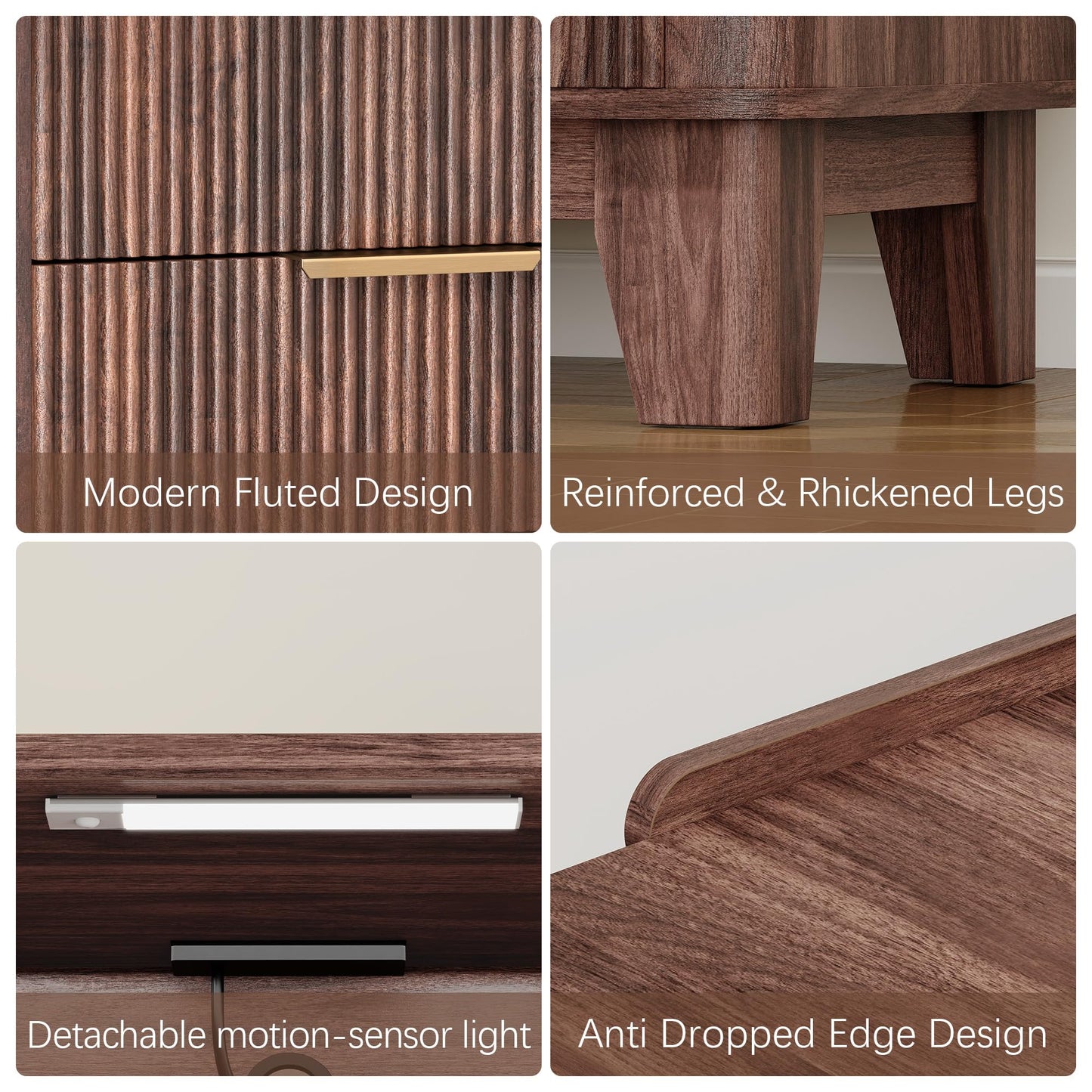 Baoz Walnut Fluted Nightstand with Charging Station & 2 Wooden Drawers