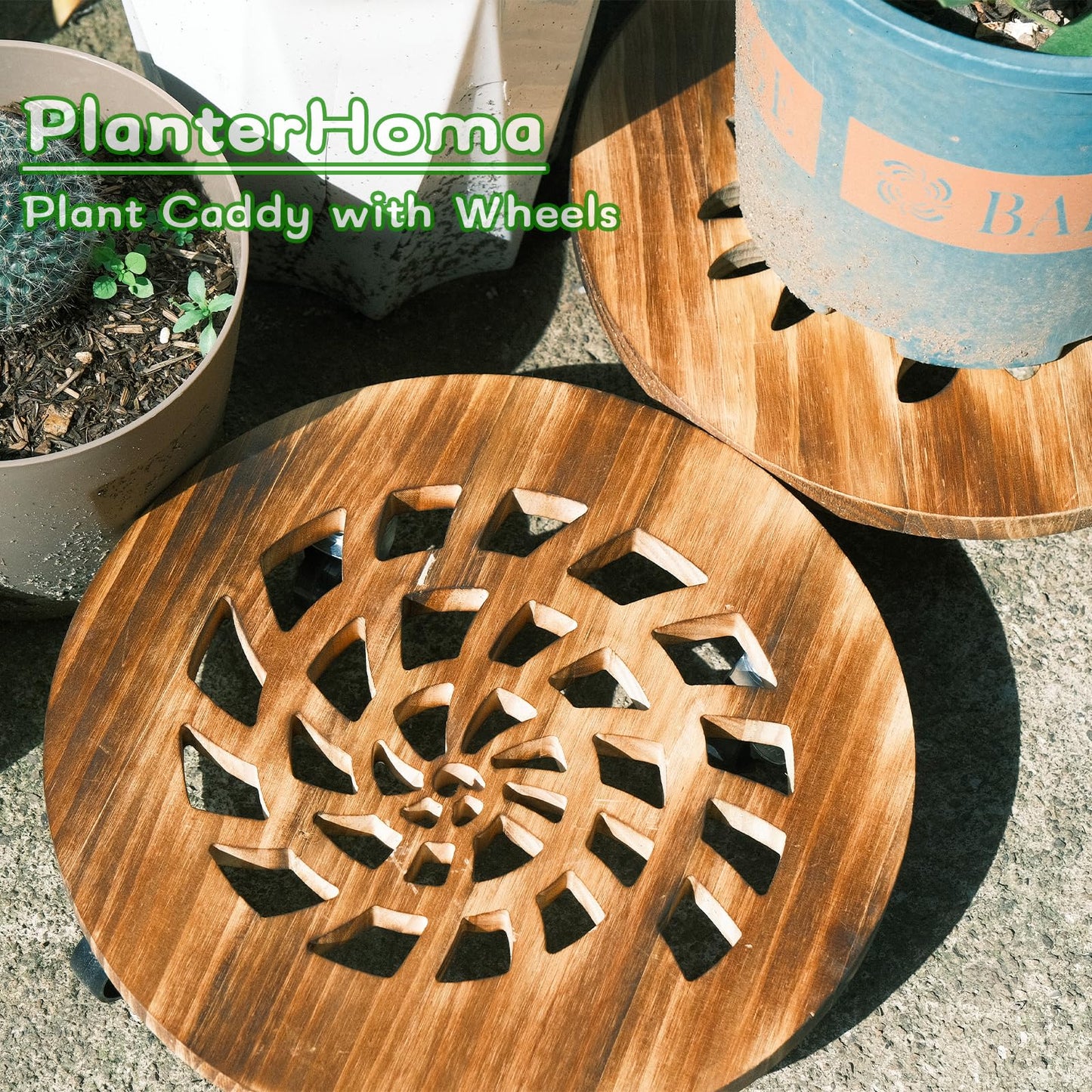 4 Pack Plant Caddy with Wheels Heavy Duty 12 Inch Wooden Plant Stand with Wheels Plant Dolly Rolling Plant Stand Plant Roller with Casters for Indoor and Outdoor with 4 Pack Plant Saucers, Round