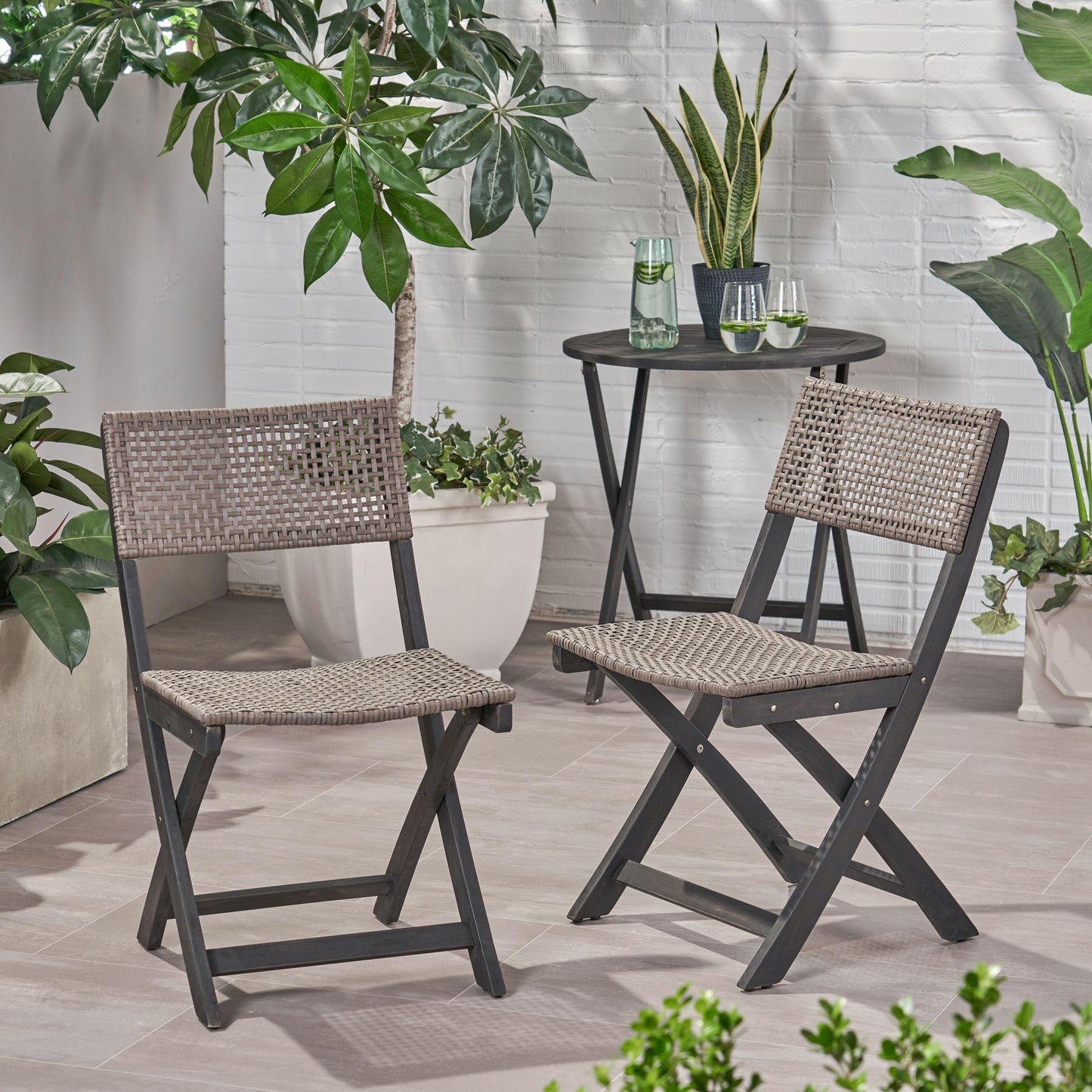 Christopher Knight Home Truda Patio Acacia Wood Foldable Bistro Chairs Set of 2, Wooden Folding Outdoor Dining Chair Set, Wicker Armless Chair for Bistro Set, Fully Assembled Garden Seating, Dark Grey