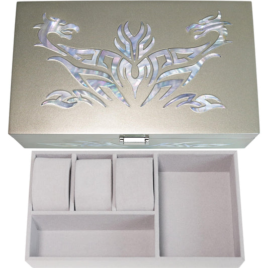 MADDesign Mother of Pearl Watch Box Jewelry Organizer Daily Storage Handmade Tribal Dragon Design (Metallic Silver)