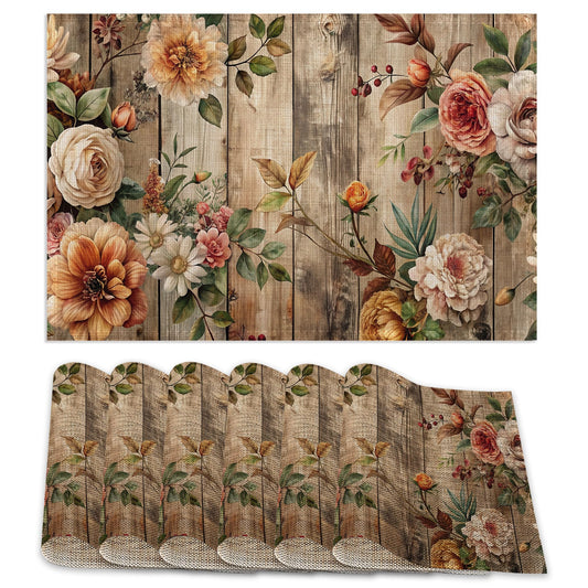 6 Pcs Placemats,Vintage Flower Placemats,Rustic Wooden Table Mats Washable Recyclable Table Placemat for Indoor Outdoor Heat Resistant Kitchen Dining 12"x18"