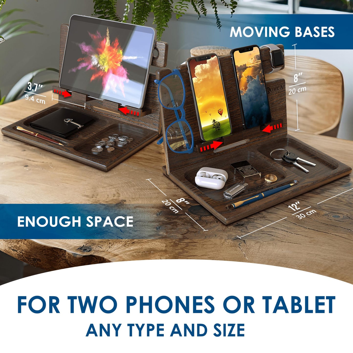 BarvA Two Phone Docking Station | Night Stand Desk Organizer | Wood Nightstand Organizer | Tablet Smart Watch Earbuds Charging Station | Upgraded Dresser Phone Stand | Bed Room Decor Gifts for Men