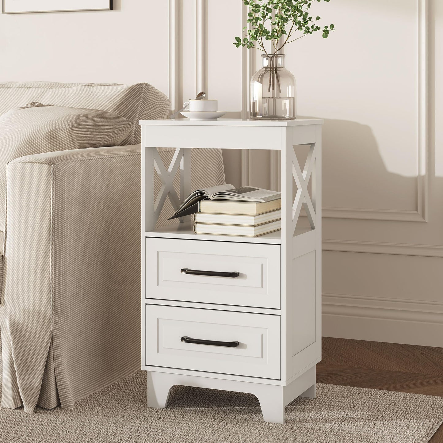 ZYKZYK Tall Nightstand Set of 2 Side Table with 2 Drawers Modern Night Stand Wooden End Table Bedside Table with Upper Open Shelf Solid Feet for Bedroom, White