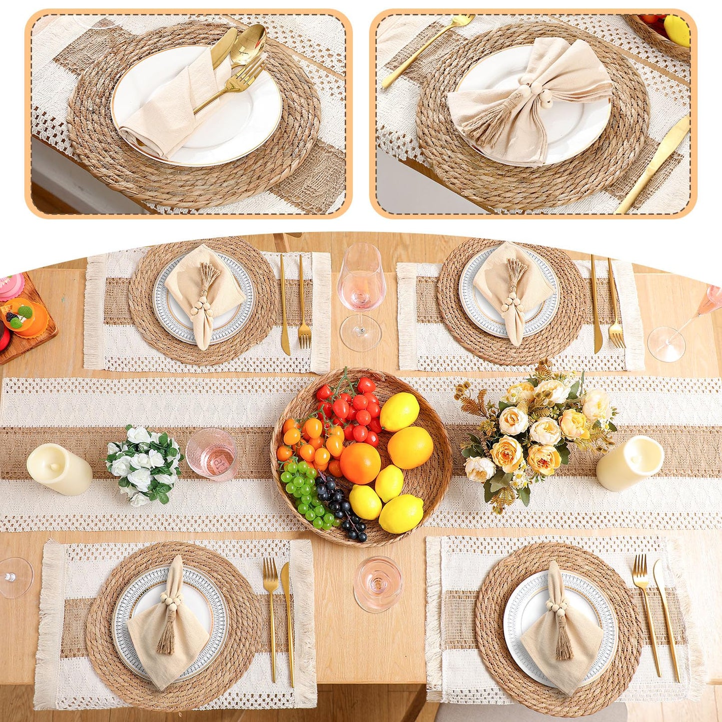 Gandeer 4 Sets Boho Decoration Placemats Round Woven Placemats, Cloth Napkins, Wood Bead Napkin Rings, Long Table Runner and Farmhouse Burlap Cotton for Table Kitchen (Khaki,12x72)