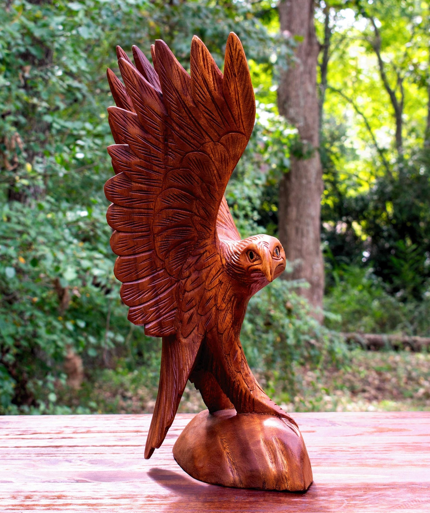 G6 Collection Hand Carved Wooden Eagle Statue, Open Wing Eagle Figurine Sculpture on Base, Rustic Wildlife Home Décor, Soaring Eagle (12" Tall)