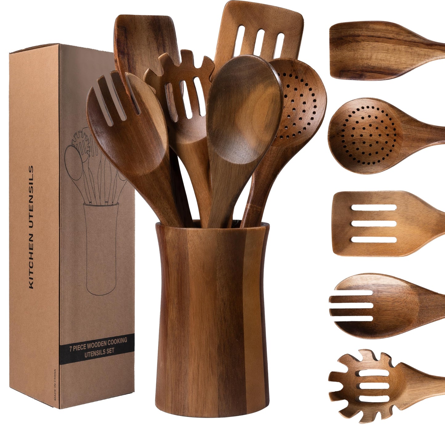 7 Piece Natural Acacia Wooden Kitchen Utensil Set with Holder - Wooden Spoons and fork for Cooking Comfort Grip Cooking Spoons, Spatulas, Strainer Spoon, Salad Fork, Mixing Spoon and Utensil Holder